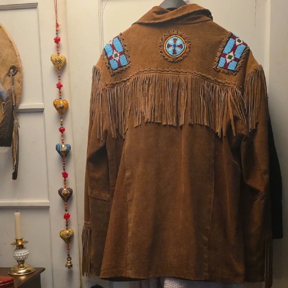 Embroidered Brown Leather Jacket with Blue Details - Picture 2 of 13